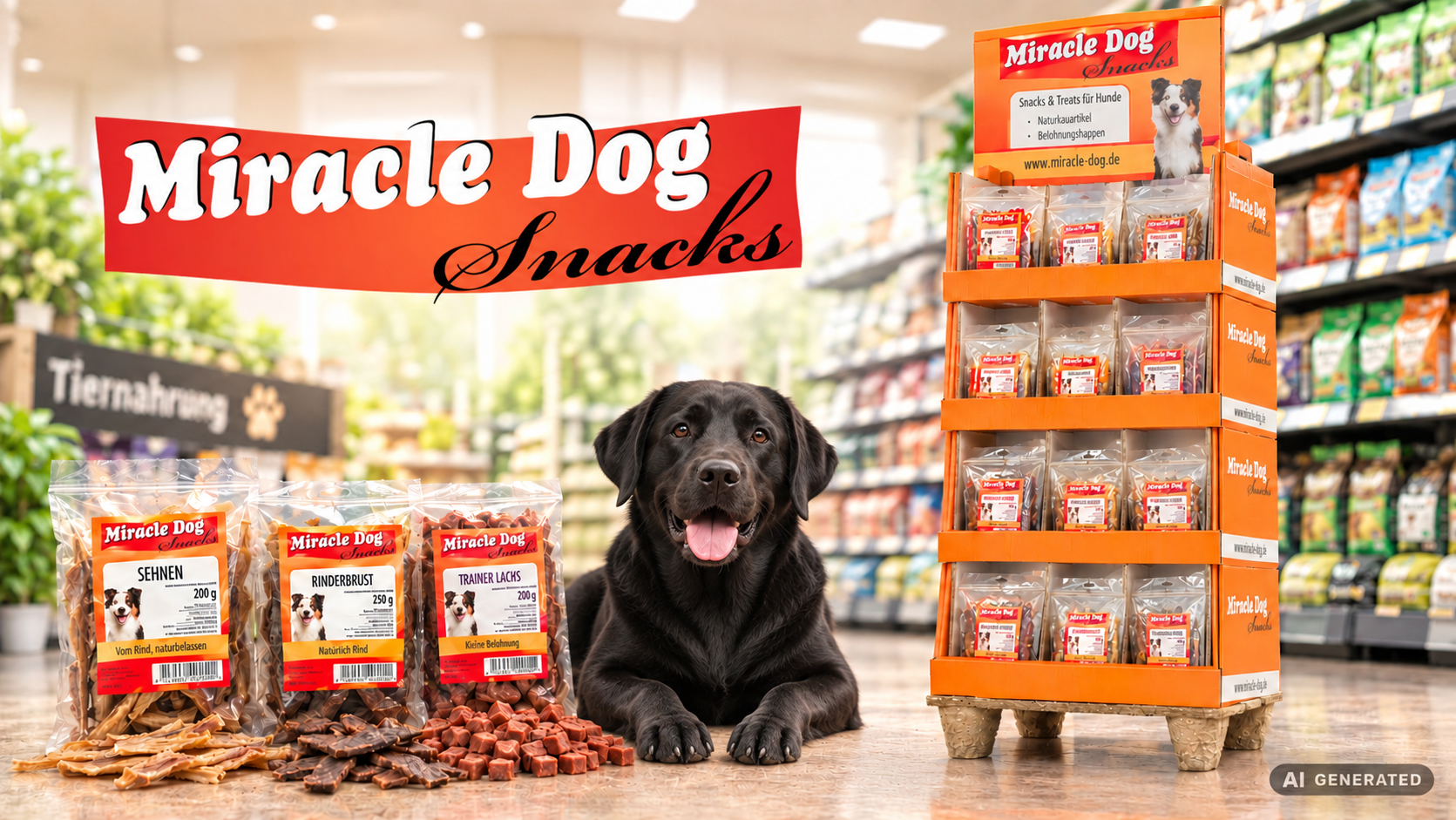 Visualisiertes Miracle Dog Motiv mit schwarzem Labrador, Snacks und Verkaufsdisplay